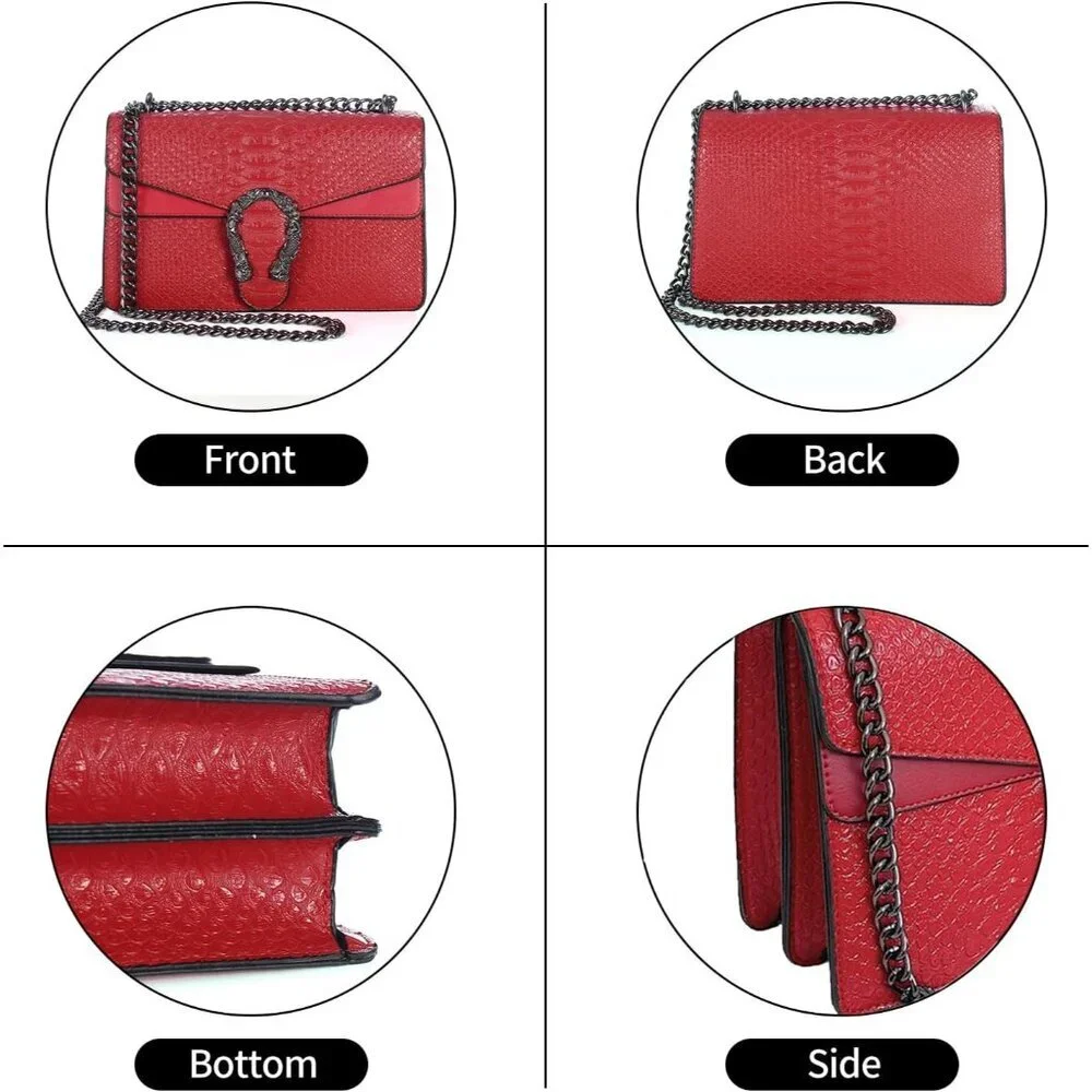 ⚡ Women's Leather Vintage Snake Print Crossbody Red Square Satchel Handbag